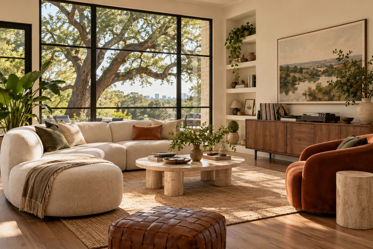 Sunlit living room with sculptural furniture, warm wood, and leafy views